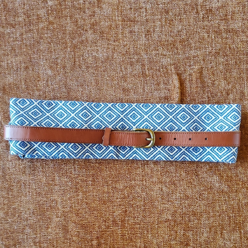 Blue and White Geometric Wrap Belt with Brown Strap Anthropologie